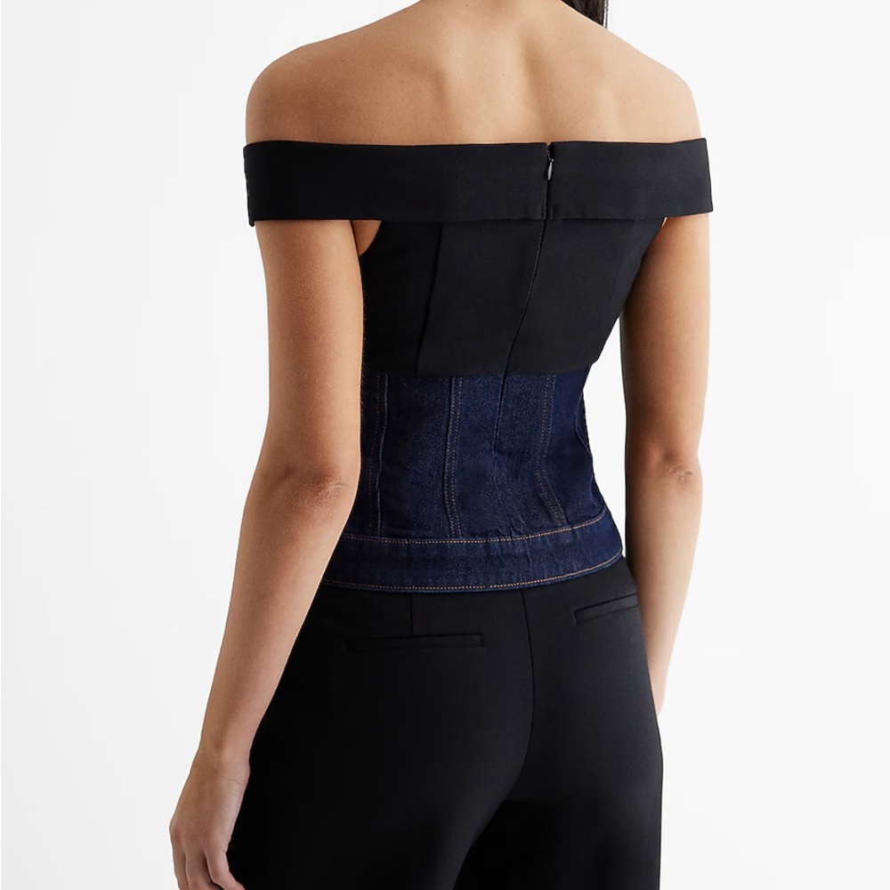 Express Denim Twill Off The Shoulder Faux Button Front Corset Top - Picture 3 of 15